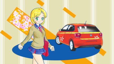 【壁画】VWポロと クルマ擬人化キャラクター「和下みん」ちゃん